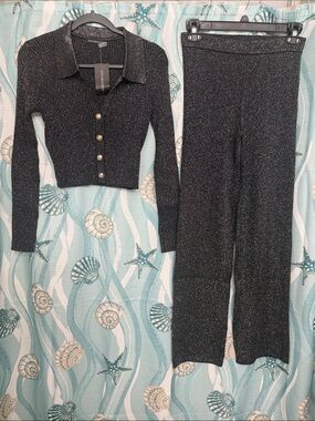 Hot & Delicious Black Metallic Knit Wide-Leg Pants Set